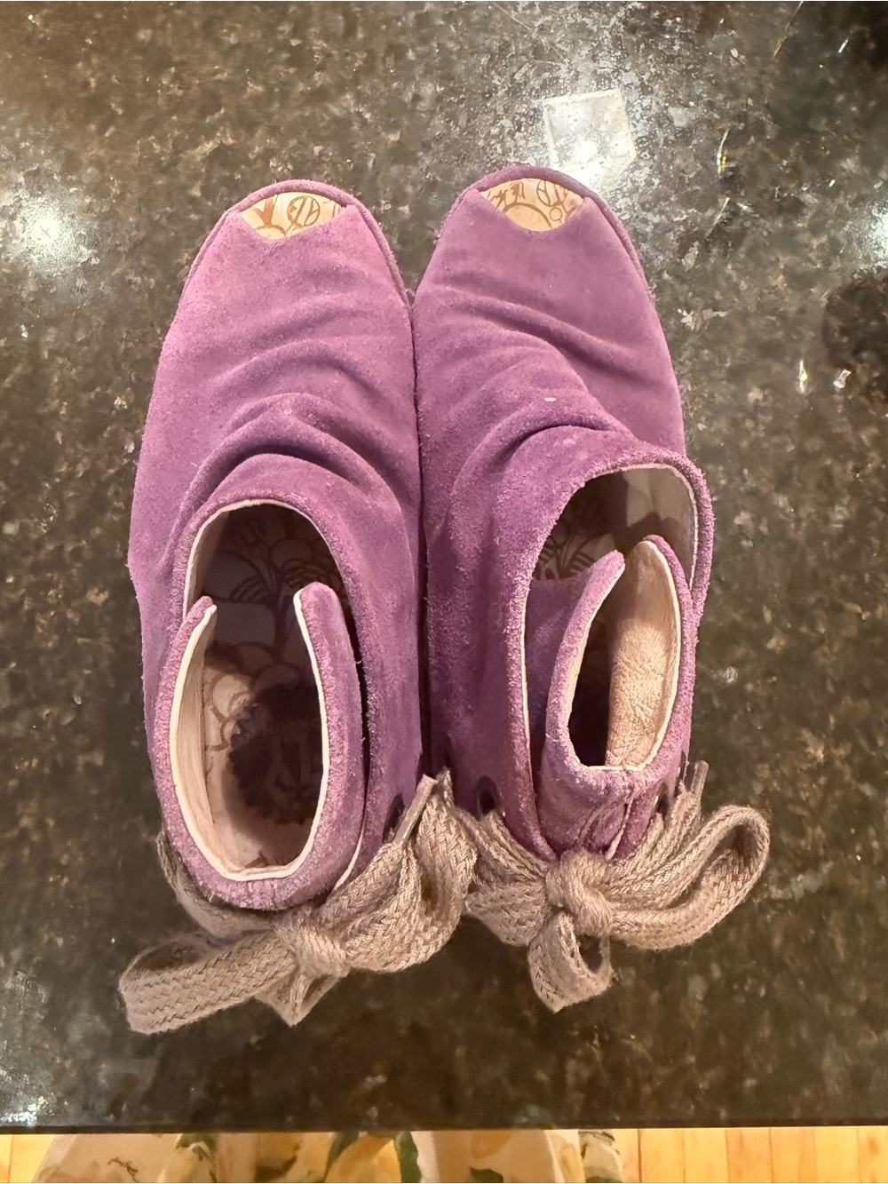 Fly London Purple Suede Peep-Toe Ankle Tie Booties